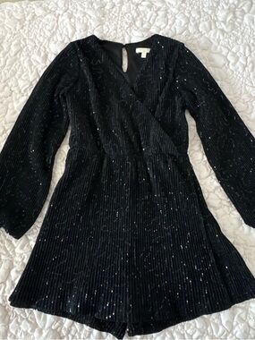 Black Sequin Long-Sleeve Wrap Romper Dress